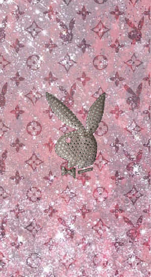 Playboy兔子標誌覆蓋著鑽石，置於粉紅色閃爍Louis Vuitton圖案背景上。 — 花花公子 GIF 壁紙