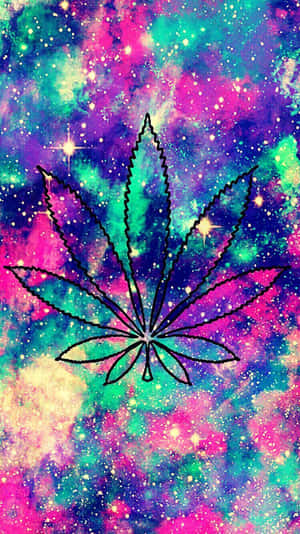 黑色輪廓的大麻葉在色彩繽紛的星空背景上。 — 植物美學 壁紙
