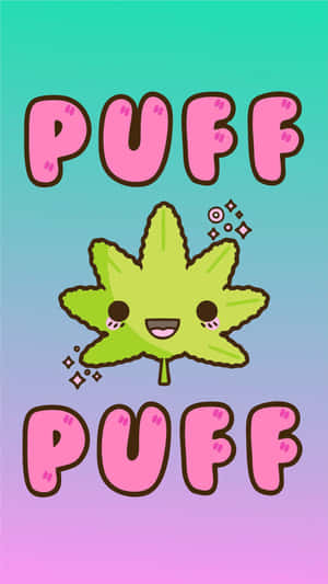 微笑的卡通楓葉，在漸變背景上粉紅色 puff 文字之間帶有閃光。 — 大麻 壁紙
