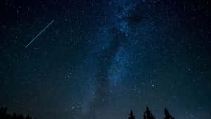 黑暗的松樹剪影映襯著星空，銀河與流星。 — 美學深藍 壁紙