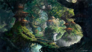 月光下，神秘樹屋村莊 nestled 在茂密的森林樹冠中。 — 魔法森林 壁紙