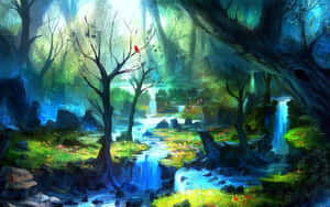 發光的森林，有瀑布和一隻紅鳥在樹枝上。 — 靈性動圖 壁紙