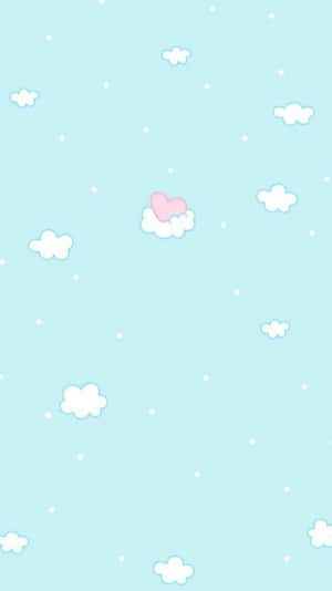 粉藍色天空，有白色雲朵和一朵粉紅色心形雲。 — 可愛又粉嫩 壁紙