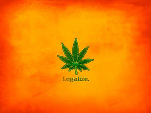 綠色大麻葉，帶有「legalize」文字，置於有紋理的橙色背景上。