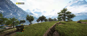 翠綠山坡，有樹木和遠處的白雪山峰。 — 電玩遊戲 GIF 壁紙