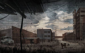 在暴風雨黃昏的天空下，廢棄的工業建築物雜草叢生。 — 跟蹤狂 壁紙