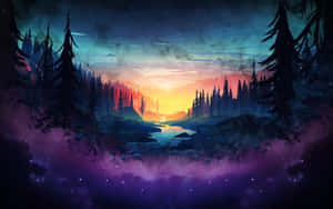 暮色中的神秘森林，有發光的河流和星空。 — 暗紫色美學 壁紙