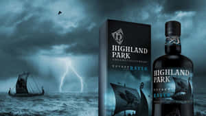Highland Park 威士忌瓶和盒子，暴風雨海上的維京船。 — 暗黑地牢 壁紙