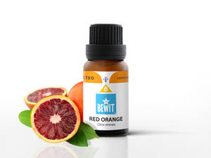 Bewit紅橙精油瓶，附有切片血橙和葉子。 — 簡約 壁紙