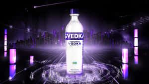 霓虹紫色未來城市景觀中的Svedka伏特加酒瓶 — 霓虹燈 壁紙