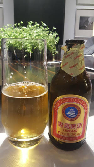 桌上放著一杯青島啤酒和一瓶啤酒，旁邊有一棵綠色植物。 — 啤酒 壁紙