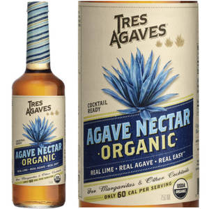 Tres Agaves 有機龍舌蘭蜜瓶和盒，帶有藍色龍舌蘭插圖。 — 1:1 壁紙