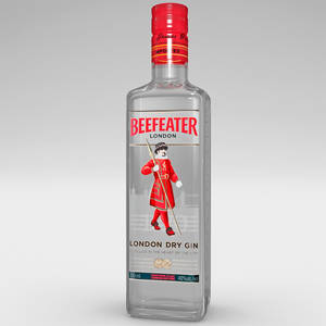 Beefeater London Dry Gin 酒瓶，帶有紅色瓶蓋和吉祥物標籤。 — 灰色 壁紙
