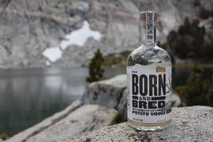 一瓶伏特加酒放在山岩上，旁邊是帶有雪斑的湖泊。 — 石頭 壁紙