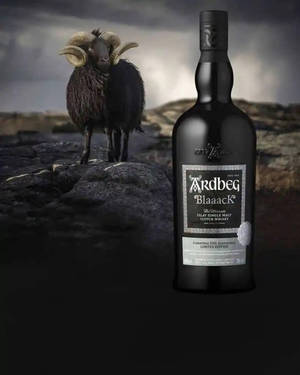 黑色Ardbeg Blaaack威士忌酒瓶，旁邊是一隻深色公羊，站在風暴中的岩石上。 — 羊 壁紙