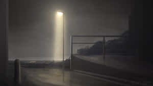 夜晚，雨水在單一盞發光的路燈下落在潮濕的人行道上。 — 暗黑動漫風格GIF 壁紙