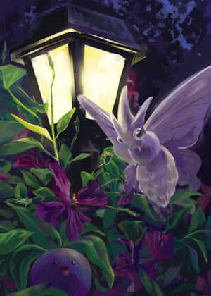 夜晚在發光燈籠照亮的花園中的紫色蝙蝠和藍色生物。 — 光線 壁紙