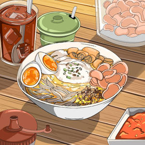 一碗色彩繽紛的插畫拉麵，上面有半熟蛋和炸物，放在木桌上。 — 食戟之靈 壁紙