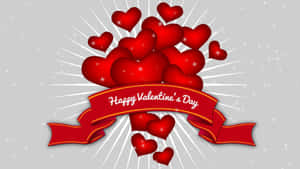 紅色心形和絲帶，帶有Happy Valentine's Day文字，背景是閃爍的灰色 — 情人節快樂 壁紙