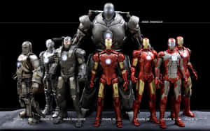 Iron Man 戰甲 Mark I 至 VI 及 Iron Monger 排成一排。 — 鋼鐵人 壁紙