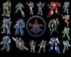 Robotech 機甲機器人圍繞黑色背景上的中央標誌排列。 — 機器人 壁紙