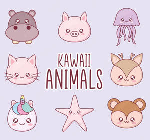 可愛的卡哇伊動物臉孔，包括河馬、豬、水母、貓、鹿、獨角獸、海星和猴子。 — 可愛動物動圖 壁紙