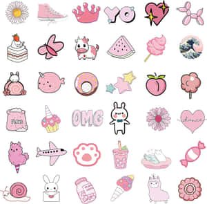 白色背景上帶有動物、糖果和圖示的粉紅色卡通貼紙。 — Pink Kawaii 壁紙