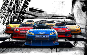 NASCAR賽車在賽道上飛馳，帶有醒目的贊助商標誌和頹廢效果。 — 汽車 壁紙