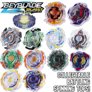 一個彩色 Beyblade 陀螺的網格，帶有品牌標誌和文字。 — 澤爾德里斯 壁紙