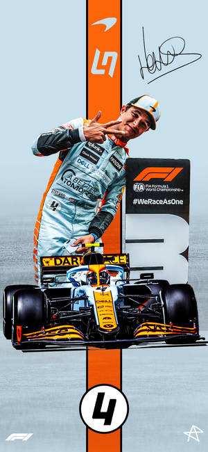 F1車手蘭多·諾里斯身穿賽車裝備，在賽車旁比出和平手勢。 — Pixel 10 Pro 壁紙