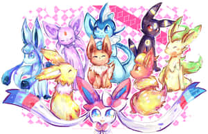 九個伊布進化型角色在歡快的動漫插圖中，採用柔和色彩和粉紅色格子背景。 — 仙子伊布 壁紙
