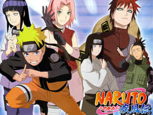 Naruto和他的忍者團隊以動態姿勢與Naruto標誌一起。