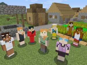 Minecraft村民聚集在一個有木質和石質建築的村莊。 — 我的世界苦力怕 壁紙