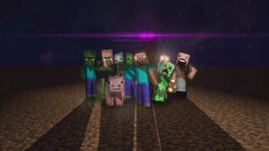 Minecraft角色，包括殭屍和一隻豬，站在星空夜空下，帶有紫色光芒。 — 暗色 壁紙