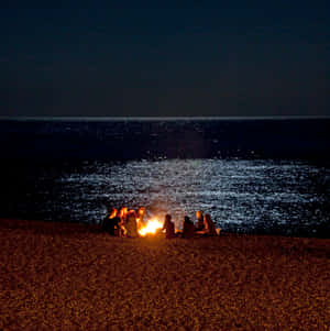 人們在夜晚的海灘上圍坐在營火旁，背景是海洋。 — 晚安 壁紙