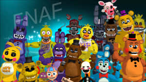 一群 Freddy Fazbear 電子動畫角色為派對照片擺姿勢。 — 佛萊迪的五夜驚魂 安全漏洞 壁紙