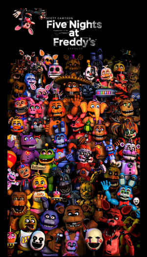 一群來自《Five Nights at Freddy's》的彩色電子動畫角色密集地聚集。 — 狂歡三寶 壁紙
