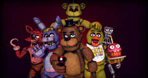 一群來自《Five Nights at Freddy's》的電子動畫角色在深紫色背景上。 — 狂歡三寶 壁紙