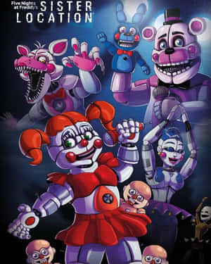 《Five Nights at Freddy's Sister Location》機械人偶在深藍色背景上以威脅姿態擺姿勢。 — 搞笑猴子 壁紙