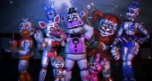 一群來自《Five Nights at Freddy's》的電子動畫角色，在星光燦爛的夜空下。 — 狂歡三寶 壁紙