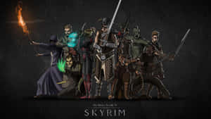 一群帶有武器和發光魔法的 Skyrim 奇幻角色。 — 上古卷軸 壁紙