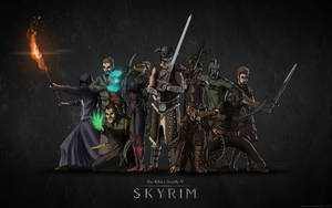 一群 Skyrim 奇幻戰士和法師，手持武器和魔法。 — 上古卷軸 壁紙