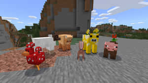 Minecraft動物一起站在一個方塊狀的戶外場景中。 — 我的世界 壁紙