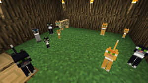像素化貓咪站在掛著燈籠的木製Minecraft房間中。 — 我的世界苦力怕 壁紙