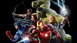 一群超級英雄，包括Hulk、Thor、Iron Man、Captain America、Black Widow和Hawkeye，擺出動作姿勢。 — 漫威復仇者聯盟 壁紙