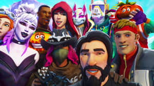穿著色彩繽紛服裝的Fortnite角色在明亮的場景中一起擺姿勢。 — 酷炫的《要塞英雄》 壁紙