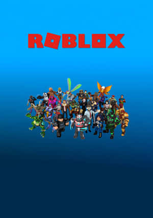 Roblox標誌位於一組色彩繽紛的方塊狀虛擬角色上方，背景為藍色漸變。 — 電玩遊戲 GIF 壁紙