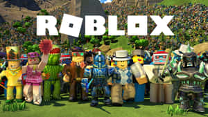 各種服裝的Roblox頭像聚集在草地上，背後有山。