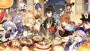 動漫角色在室內以傳統裝飾和食物一起慶祝節日大餐。 — 原神手機壁紙