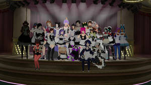 穿著女僕裝的動漫角色在燈光舞台上擺姿勢。 — Vrchat 壁紙